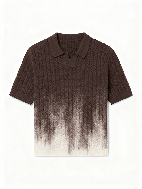 Classic Textured Men's Cable Knit Wool Polo - Short Sleeve Regular Fit Stretch Collared Casual