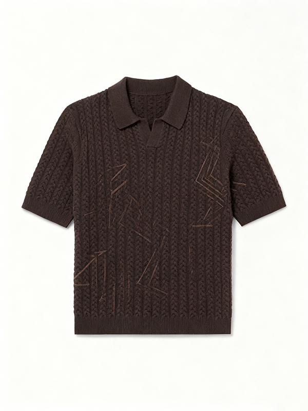 Men's Classic Textured Cable Knit Wool Polo Shirt - Casual Short Sleeve Regular Fit Stretch Collar