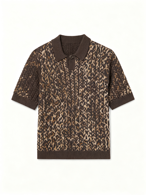 Men's Regular Fit Stretch Collared Polo Shirt - Classic Textured Cable Knit Wool Casual Short Sleeve